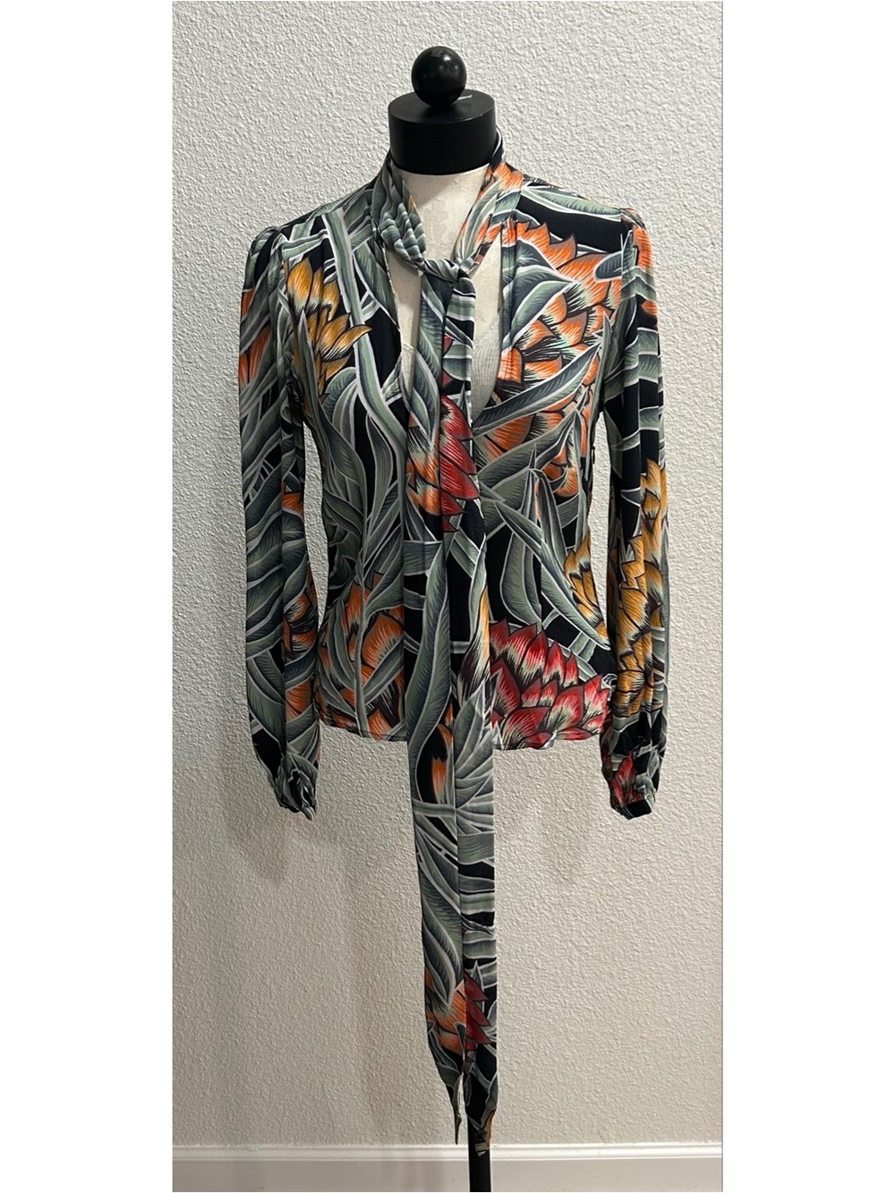 Mara Hoffman Blouse Bishop Sleeve Tie V-Neck Long Sleeve Printed Sz Small Green